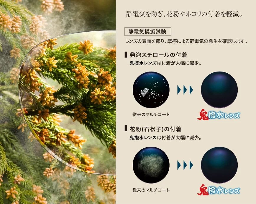 静電気を防ぎ、花粉やホコリの付着を軽減。