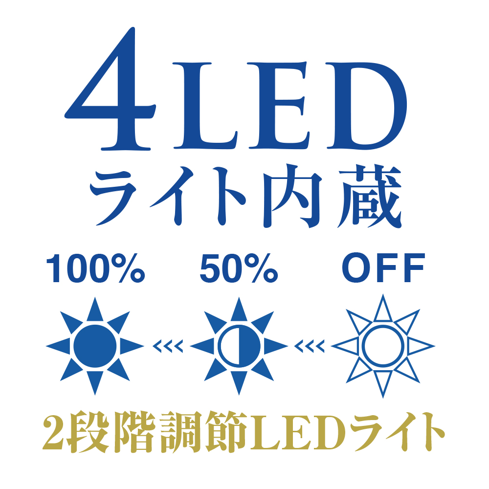 暗い場所でもハッキリ見えるLEDライトも4灯内蔵型。