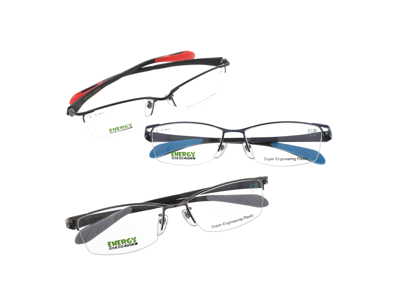 ビジネスシーンでも知的に映えるハーフリムタイプ。